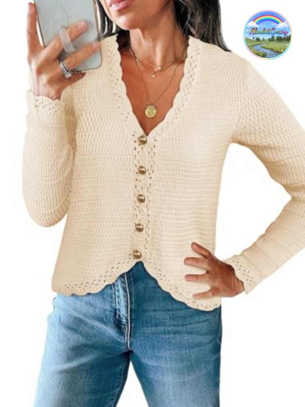 Womens V Neck Cardigan Sweater Cropped Knit Boho Button Down Long Sleeve Fall